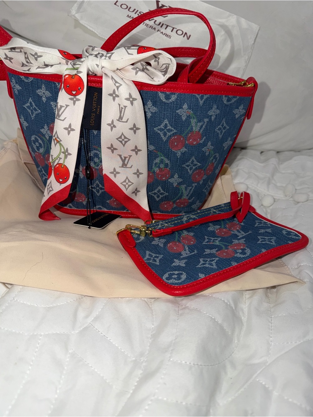 Denim Cherry Mini Tote in Blue and Red